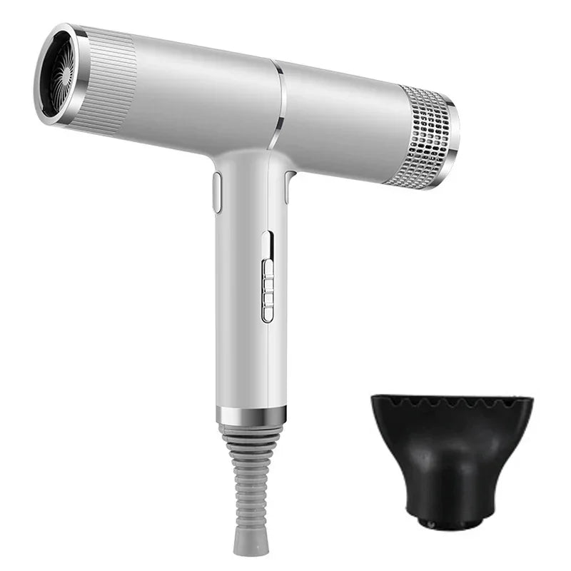 Silver hair dryer with detachable black diffuser nozzle