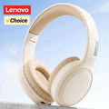 Beige Lenovo over-ear wireless headphones with foldable headband and large earcups