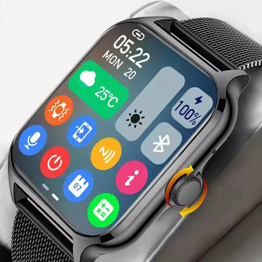 Smartwatch 2.01 inch with dark gray metal case and mesh band, Bluetooth calling, fitness tracking, HR and BP monitor.