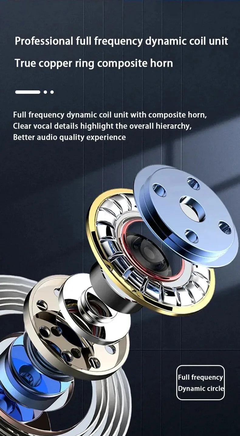 Black sport ear hook earbuds with charging case, showing earbud driver detail