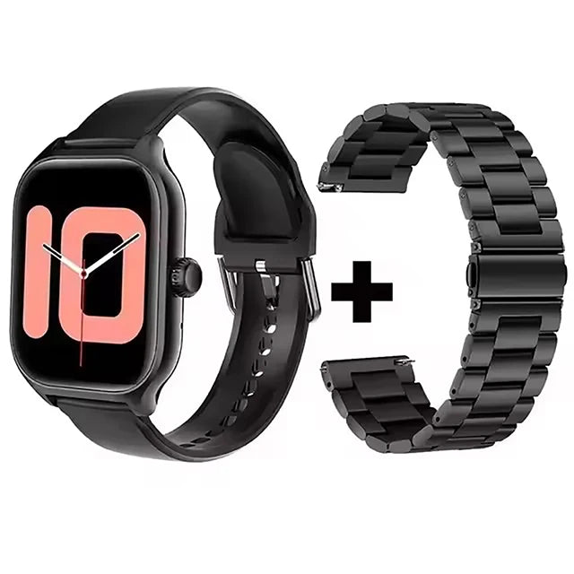2-piece set: 2.01-inch Smart Watch with black silicone strap and extra stainless steel link band
