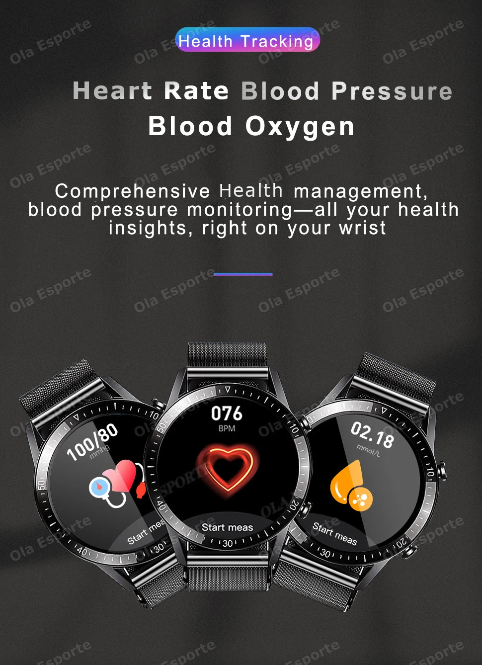 Ola Esporte smart watch by Cedar & Moore, trio of black-silver round displays with metal mesh bands