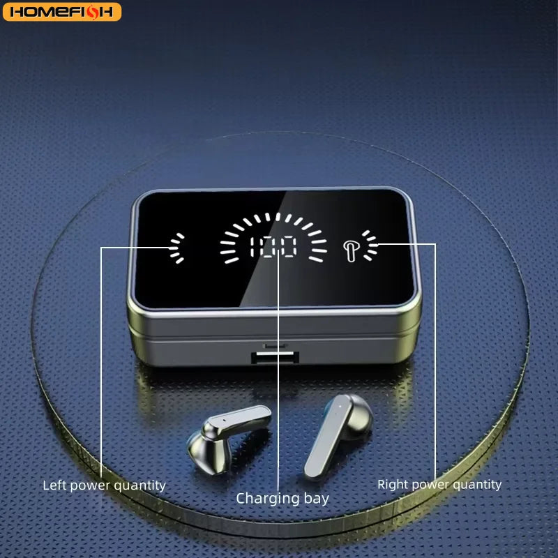 Bluetooth earphones charging case with two earbuds and digital status display on top