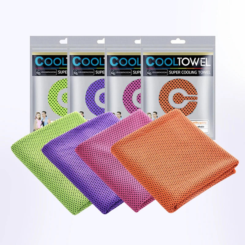 4-pack Cedar & Moore cooling towels (35.4x11.8 in) in neon green, purple, pink and orange