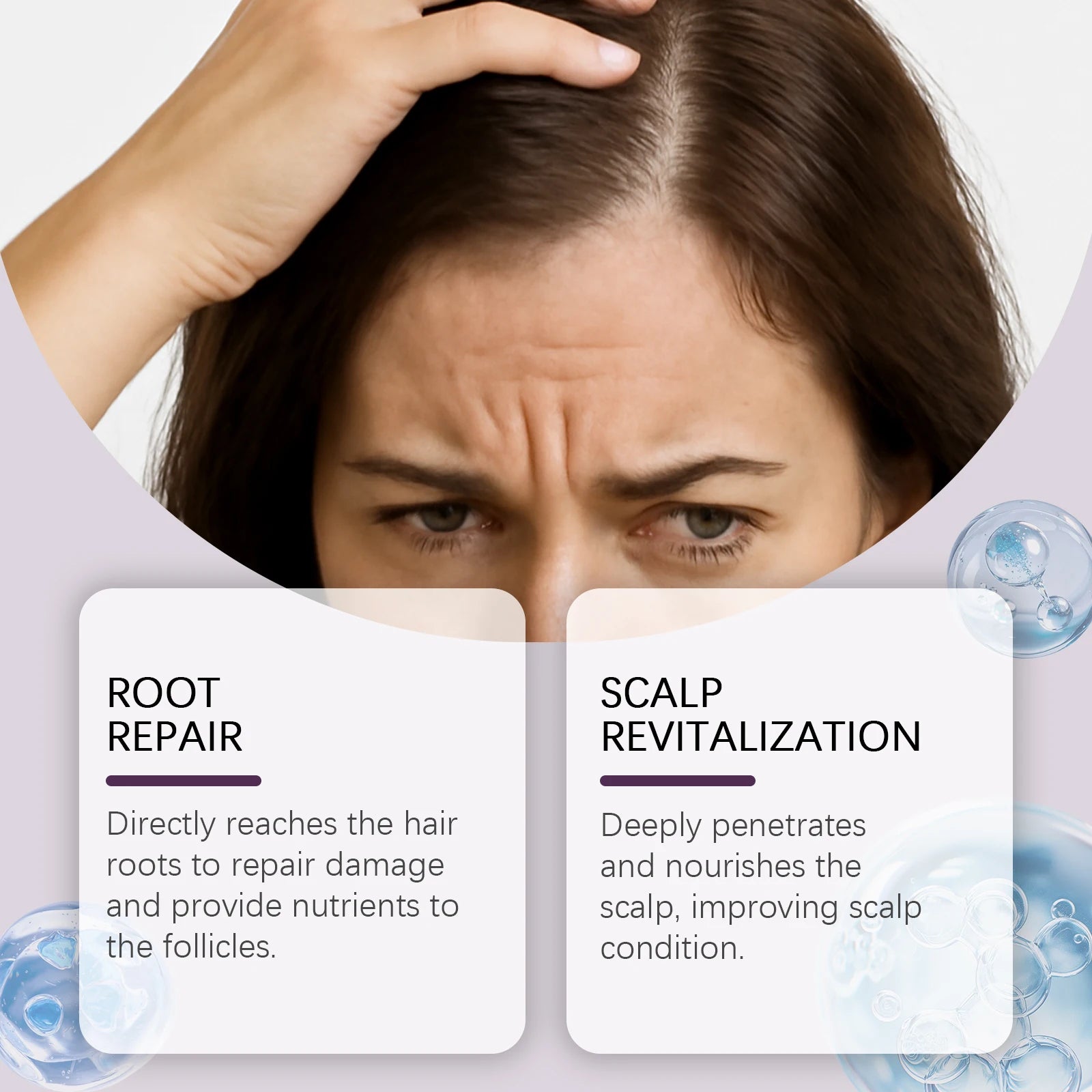Scalp revitalizing serum benefits cards: root repair and scalp revitalization