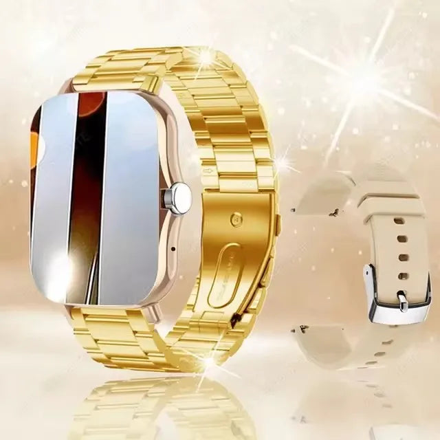 Multifunctional smart watch Cedar & Moore with gold metal band and 1.4-inch OLED display; beige spare strap