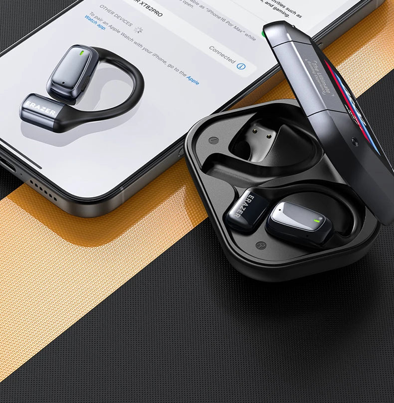 Black sports earbuds with charging case and earbuds charging cradle