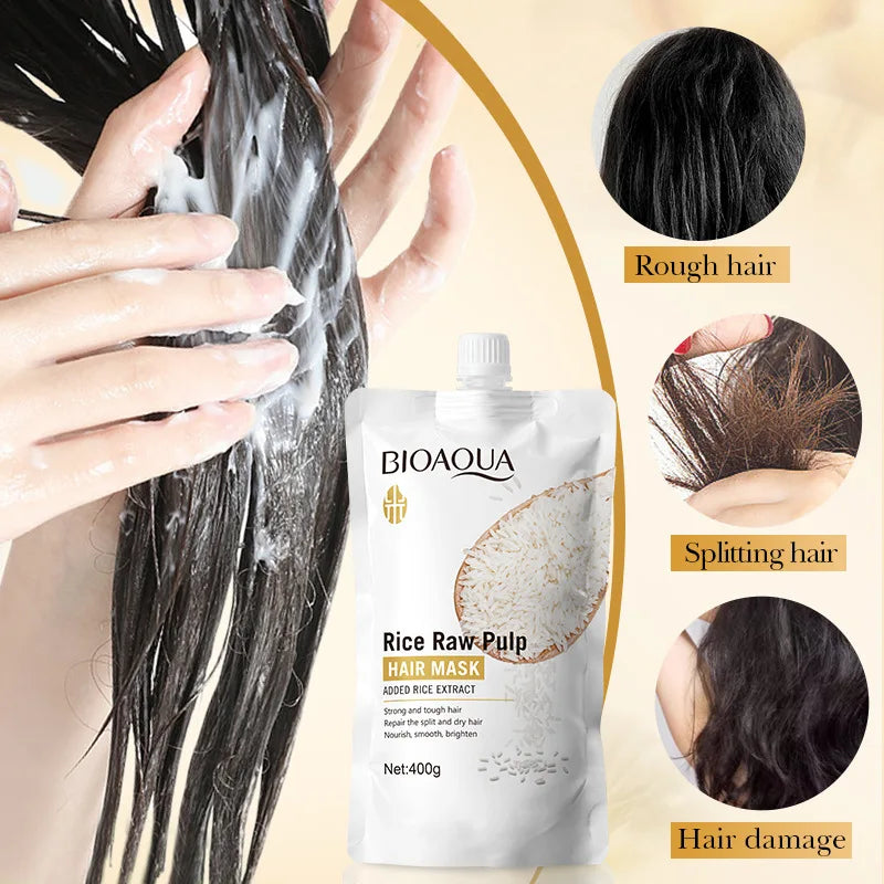 BioAQUA Rice Raw Pulp Hair Mask pouch for damaged hair