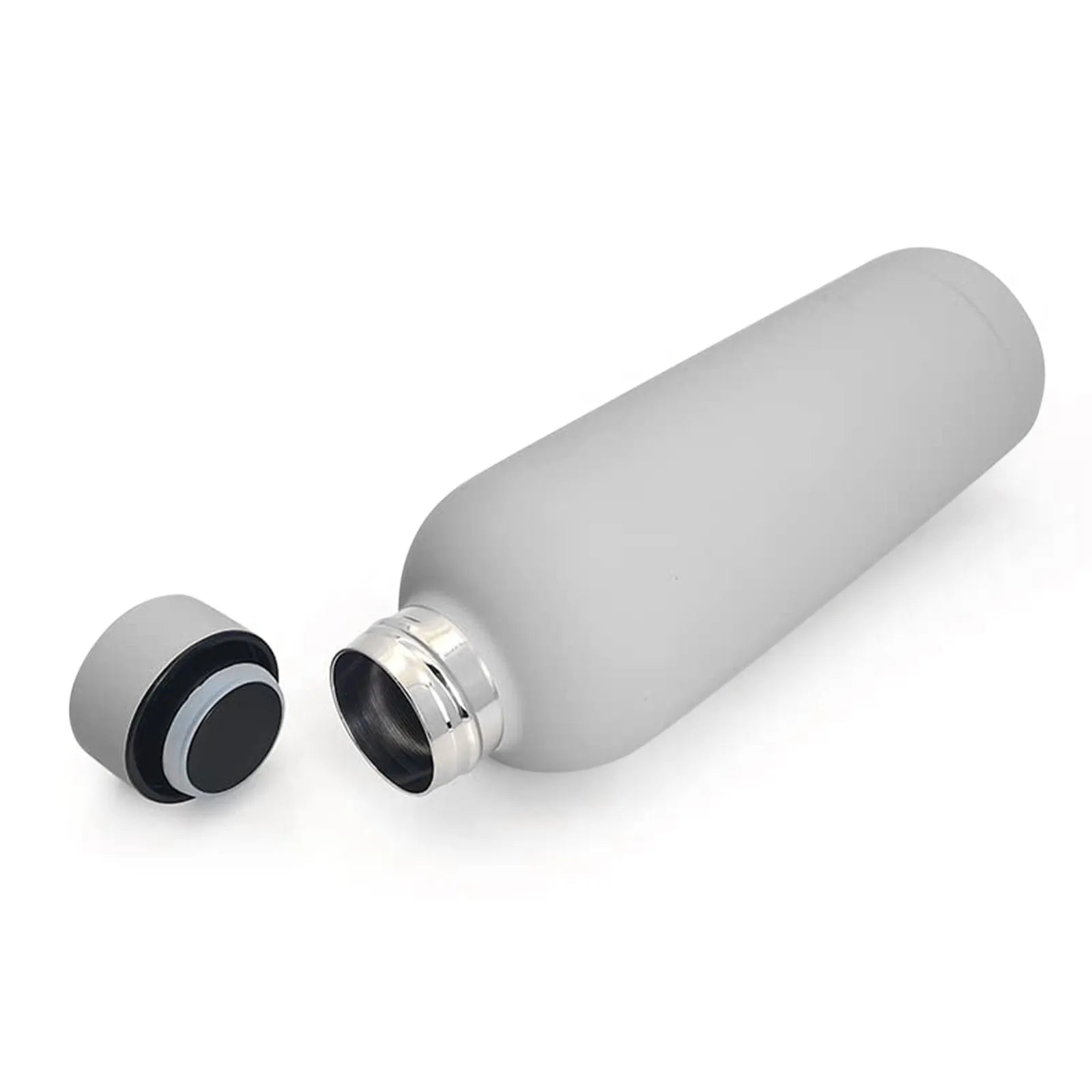 Cedar & Moore 500ml insulated stainless steel water bottle, silver with black cap, cap removed
