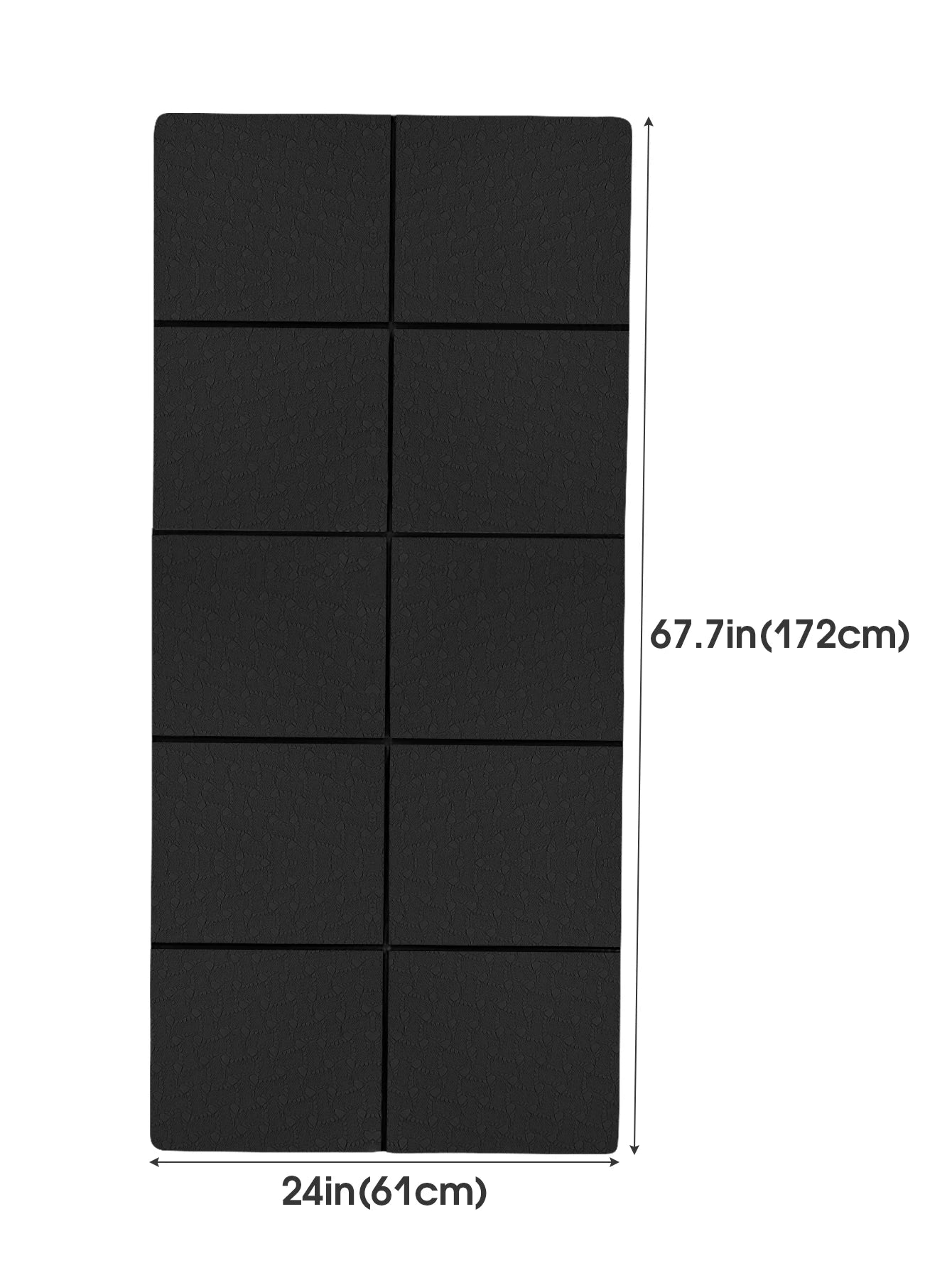 Black foldable yoga mat laid flat, segmented fold grid across the surface.