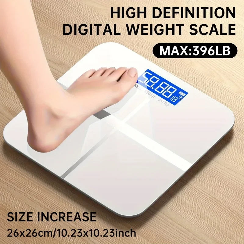 Cedar & Moore digital bathroom scale with blue LED display on glass surface; white, max 396 lb