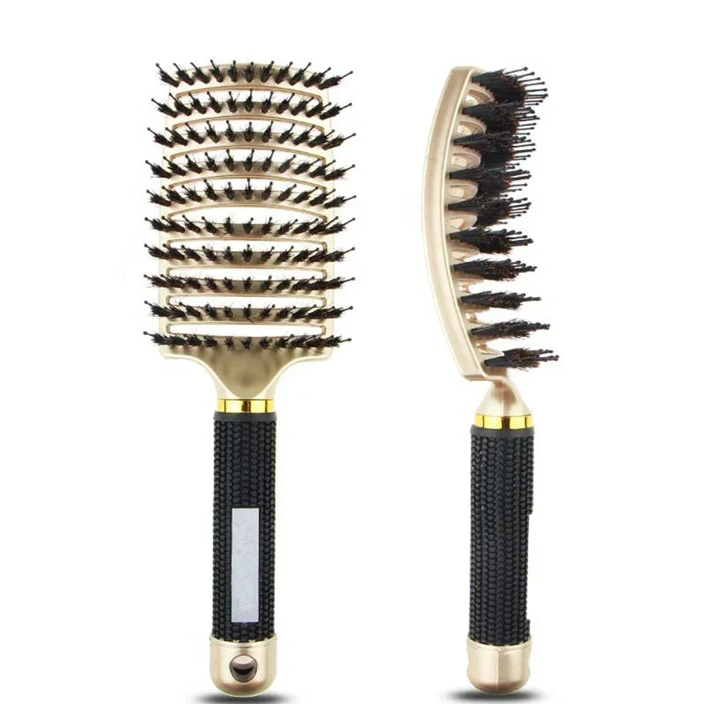 Boar bristle detangling hairbrush set, black textured handle with gold-toned base
