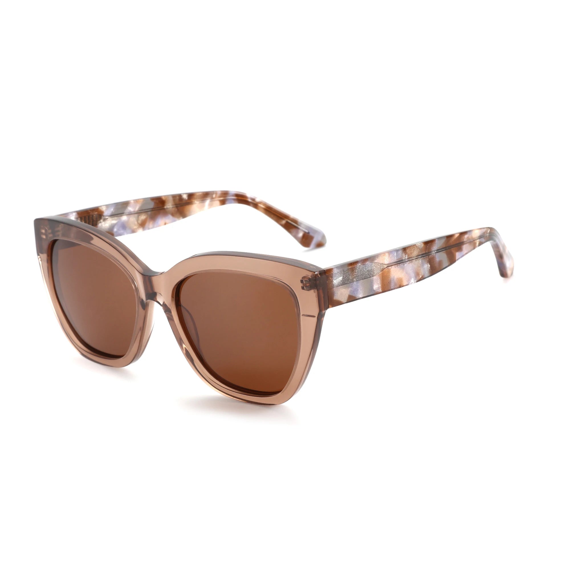 Cat-eye sunglasses with amber-brown lenses and light tortoise frames