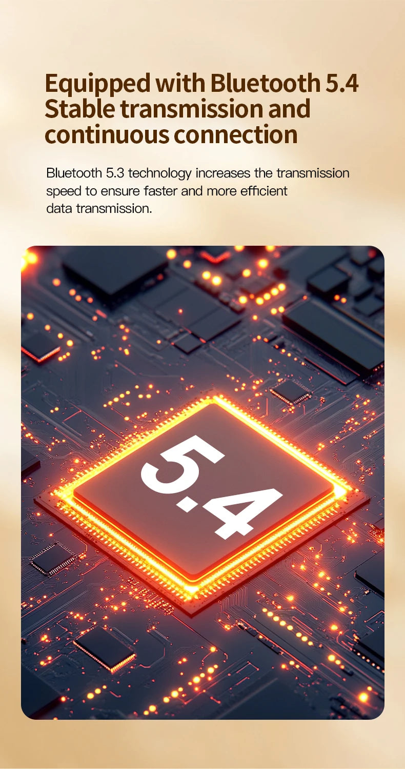 Wireless Bluetooth Earbuds LED display on glowing orange circuit chip background