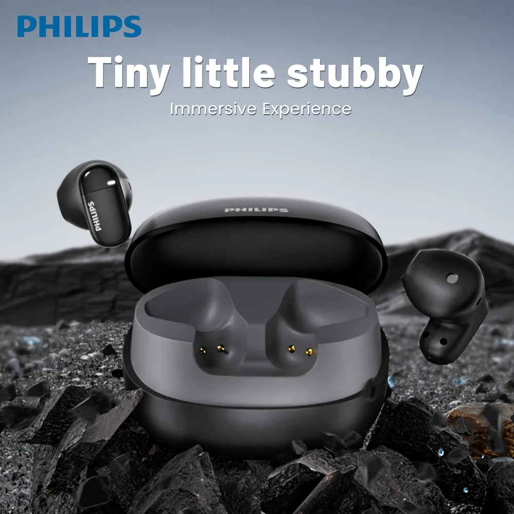 Black wireless earbuds with charging case, earbuds and case shown together