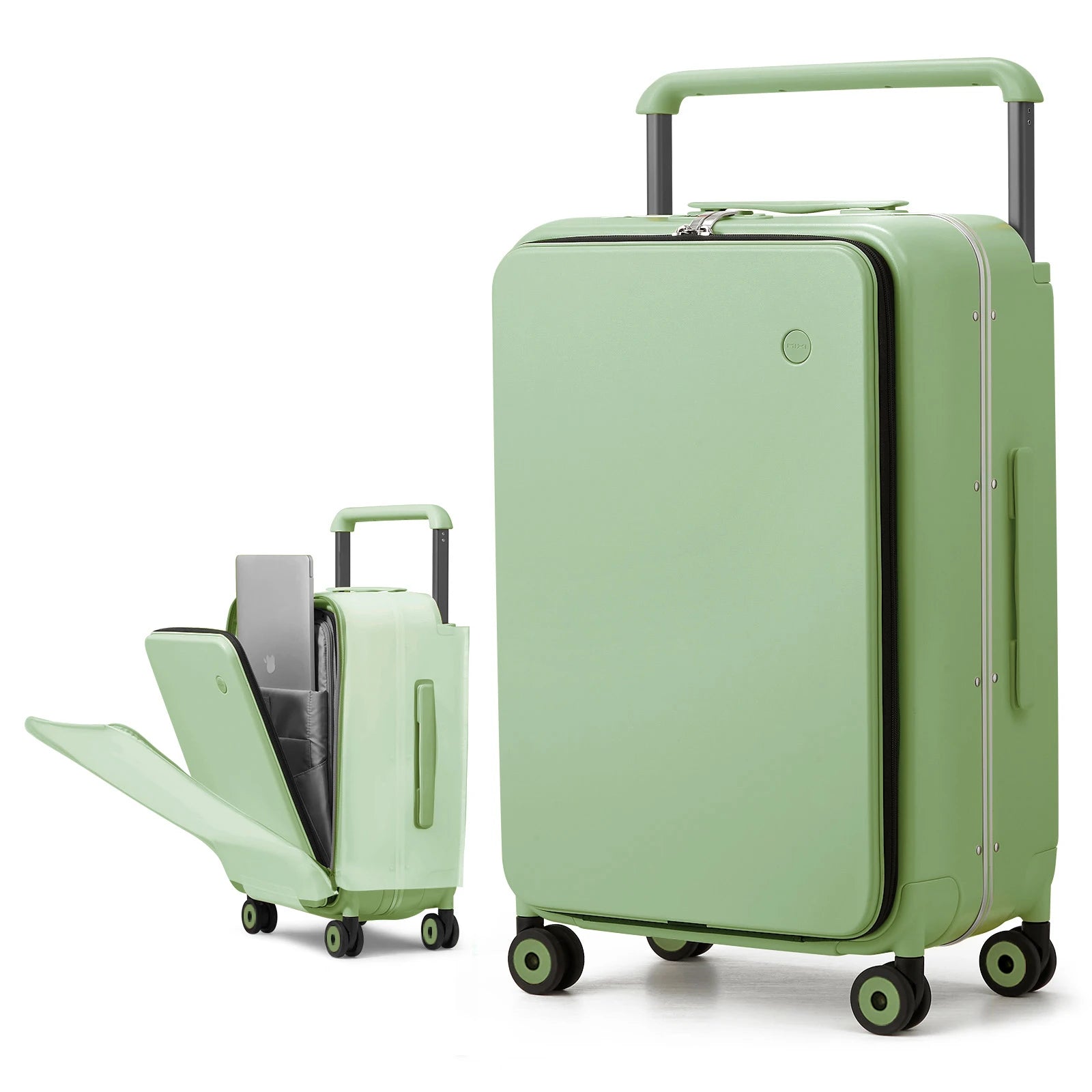 20-inch carry-on suitcase with upright trolley handle, mint green hard shell side panel details