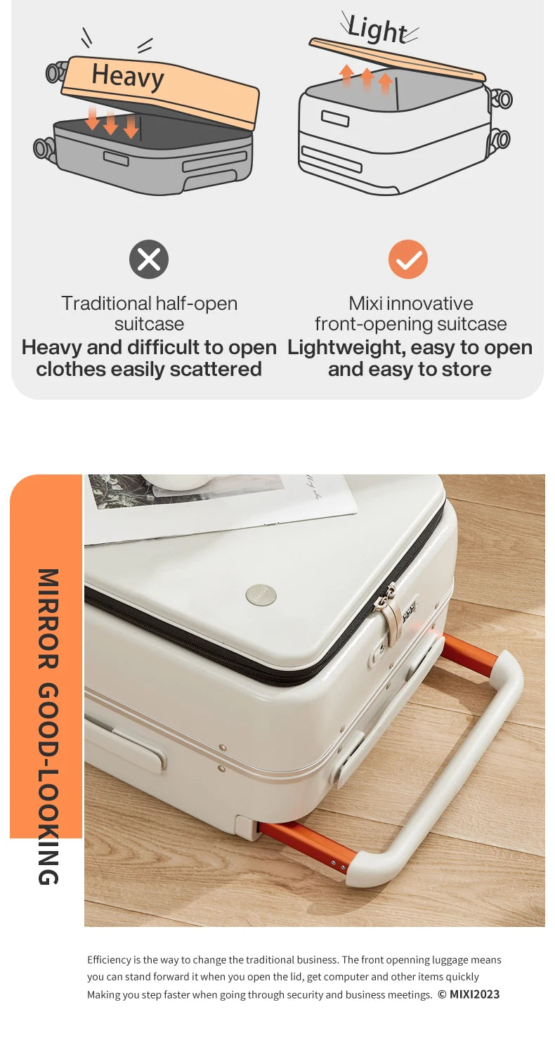 Carry-on suitcase opening diagram showing split heavy and light access views