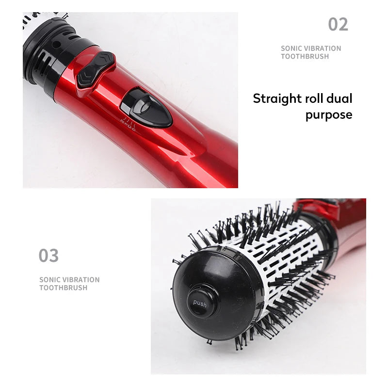 Red hot hairbrush handle close-up with control buttons and brush barrel attachment