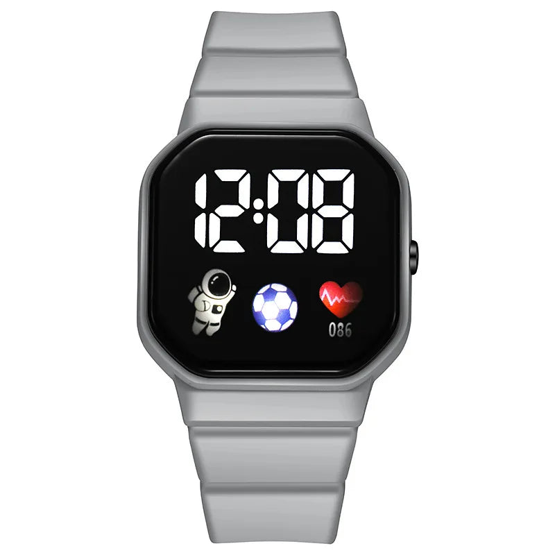Kids LED digital watch with light gray silicone strap and black square digital display