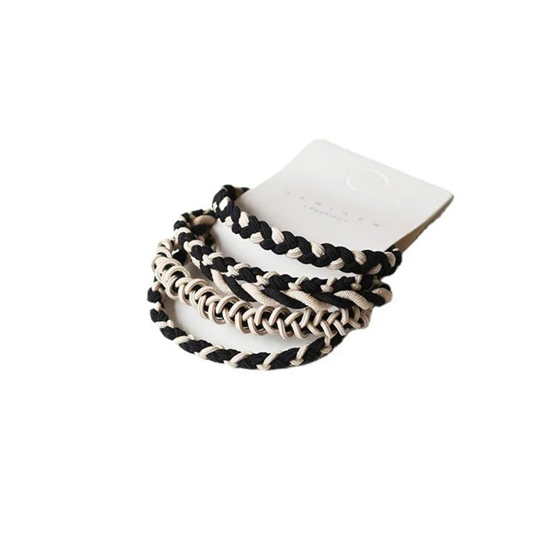 Hair scrunchie set with braided elastic bands in black and white stripes (5 pieces)