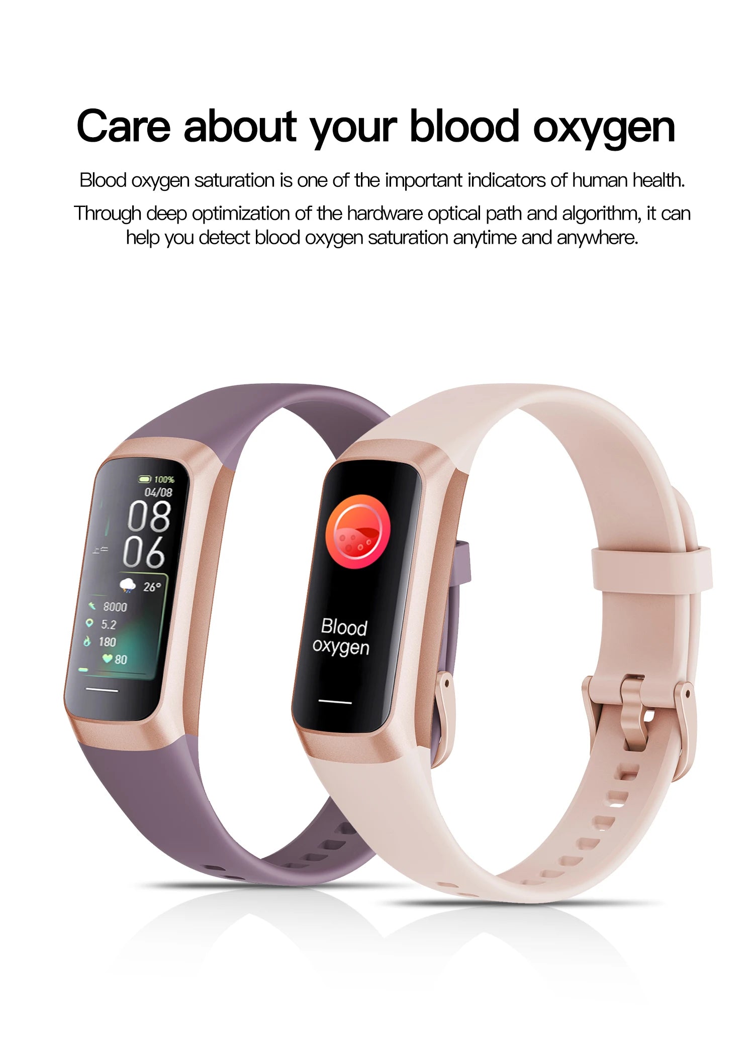 Dual-color smart bracelet with dark purple and light beige straps, AMOLED screens