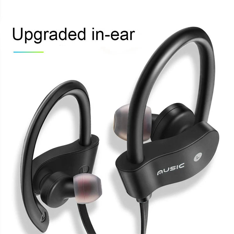 Black ear-loop neckband earbuds with two ear hooks and inline cable
