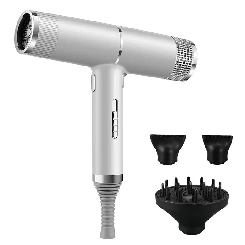 Silver hair dryer with two black nozzle tips and black diffuser attachment