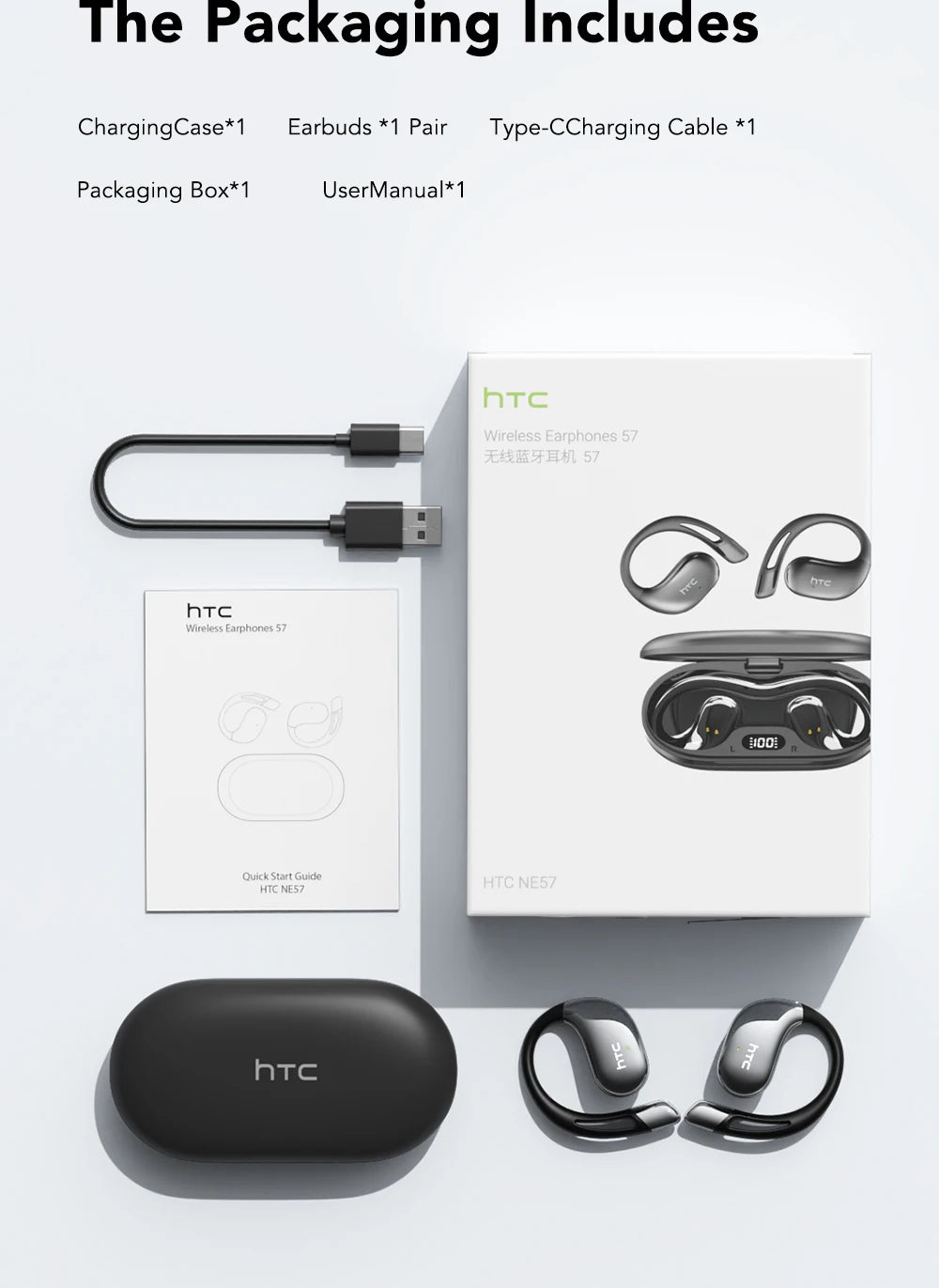 Black wireless sport earbuds with charging case and included accessories