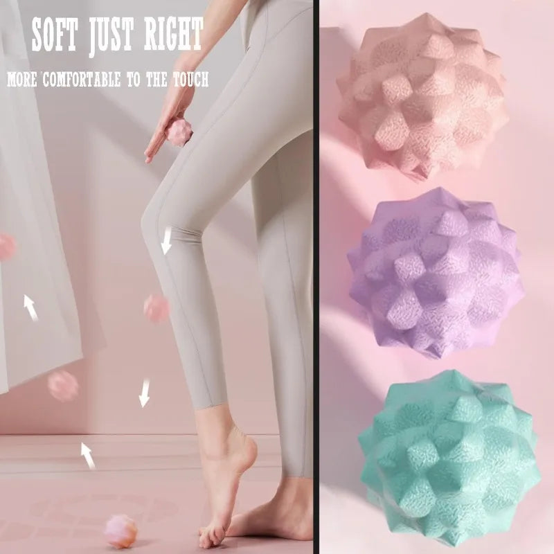 Textured massage ball for dual therapy in pastel peach, lavender and mint colors
