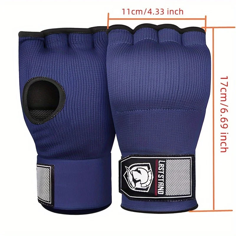 Half finger gel boxing gloves in dark blue with open thumb, padded knuckles, and wrist wrap.