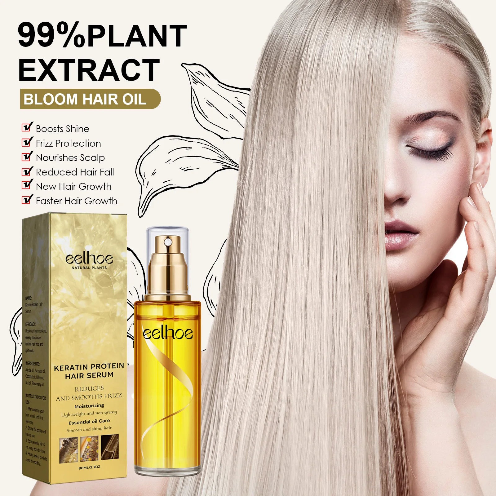 EELHOE Keratin Protein Hair Serum Spray - Molecular Repair Treatment for Damaged Hair