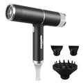 Black hair dryer with two black nozzle tips and black diffuser attachment