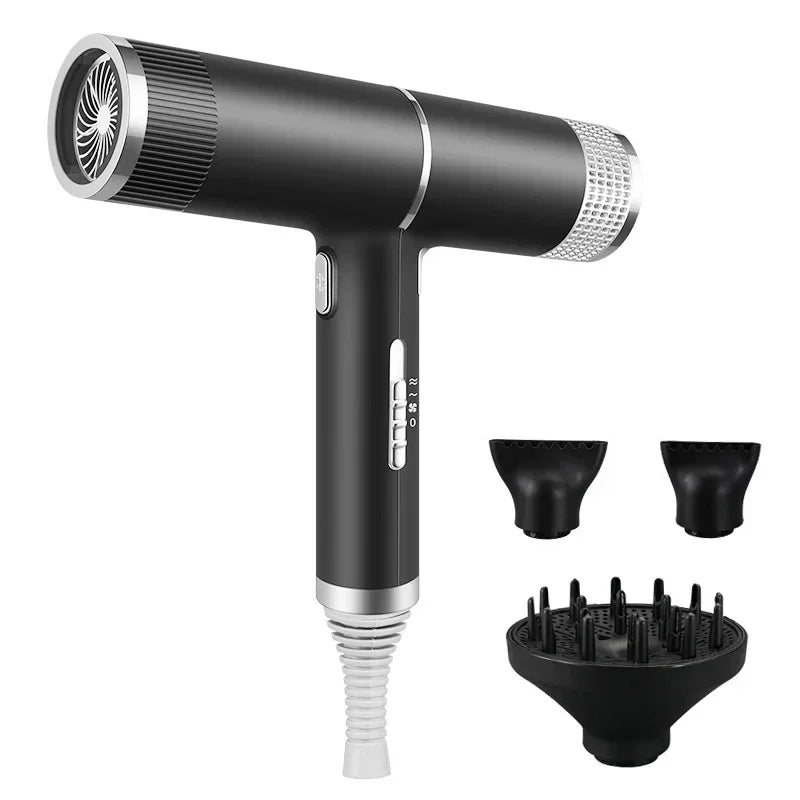 Black hair dryer with two black nozzle tips and black diffuser attachment