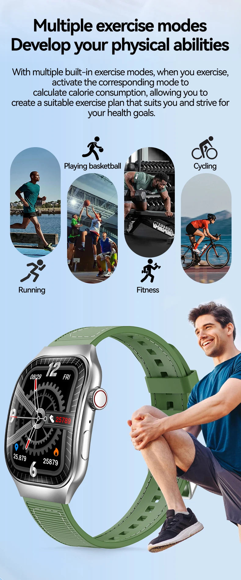 LAXASFIT H7 smart watch by Cedar & Moore with green band and curved 2.01-inch AMOLED screen