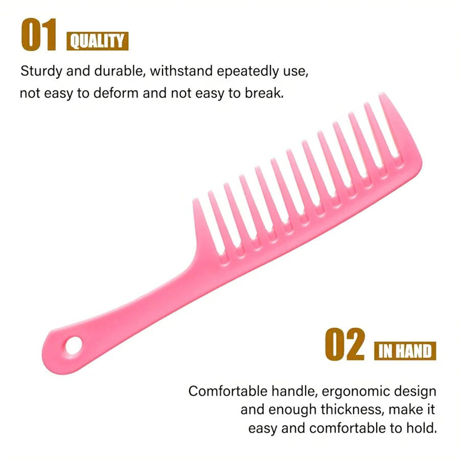 Pink wide-tooth comb with long tines and comfortable grip handle