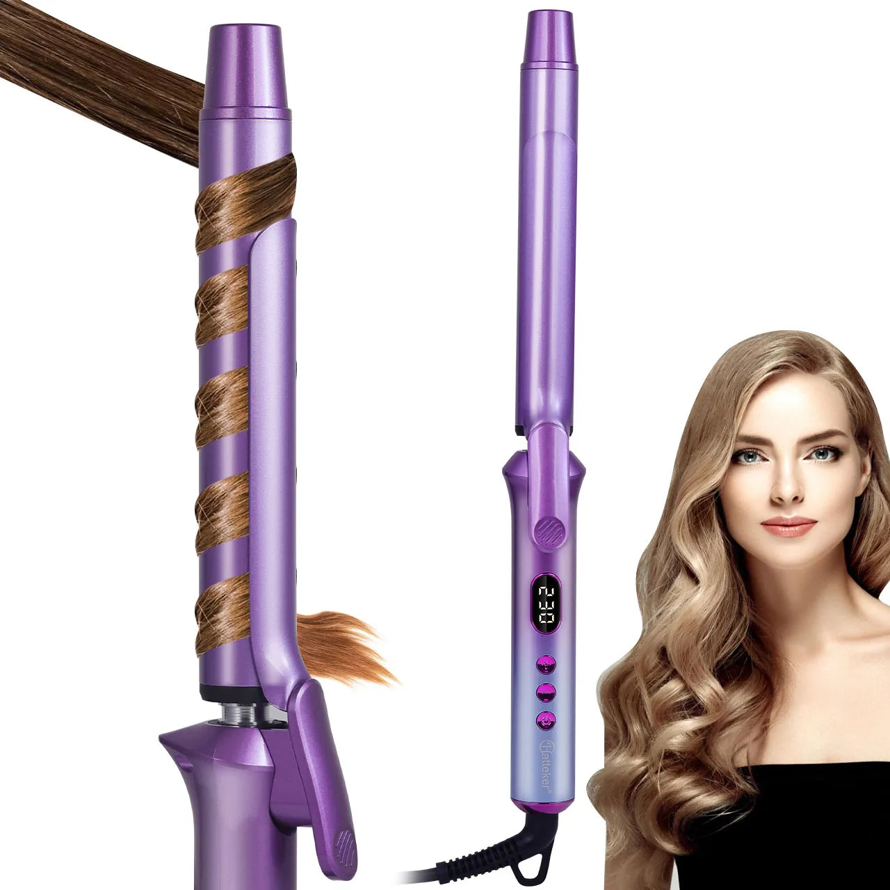 Purple curling iron styling hair curls with clamp and LED control panel