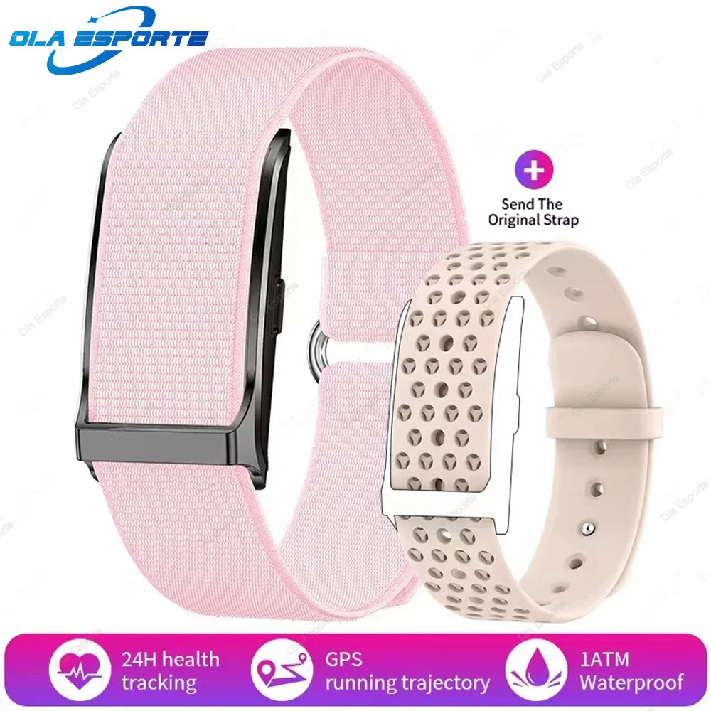 Fitness tracker smartwatch with pink fabric strap and white perforated insert