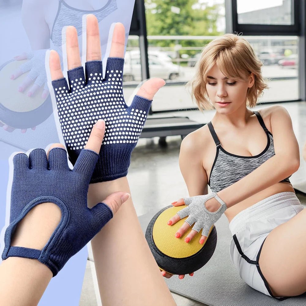 Navy half-finger gloves with white dotted grip and ribbed thumb opening