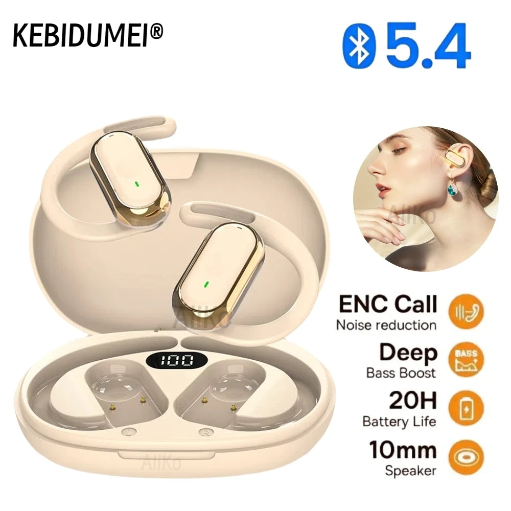 Cedar & Moore wireless in-ear headphones LED display charging case, beige-gold earbuds, IPX6 waterproof, Bluetooth 5.4