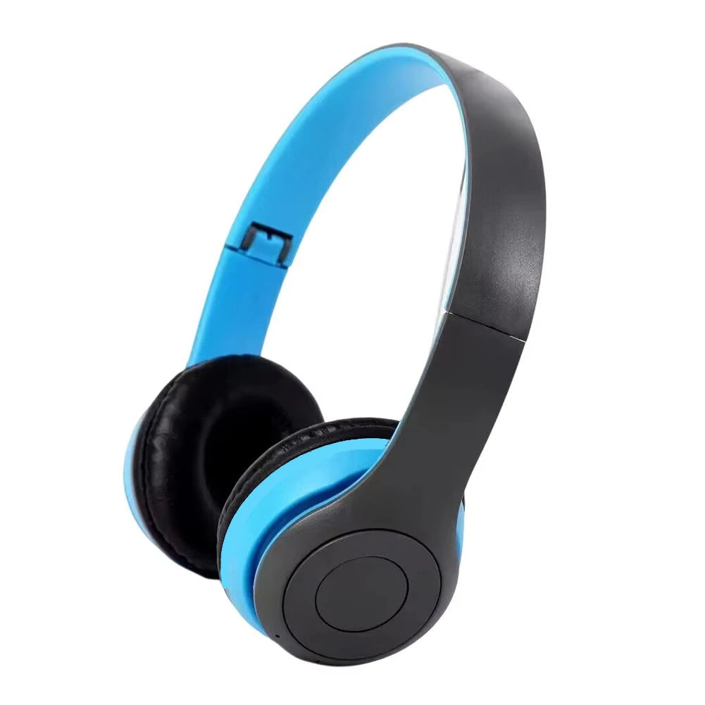 P47 wireless Bluetooth over-ear headphones by Cedar & Moore, blue ear cups with black headband
