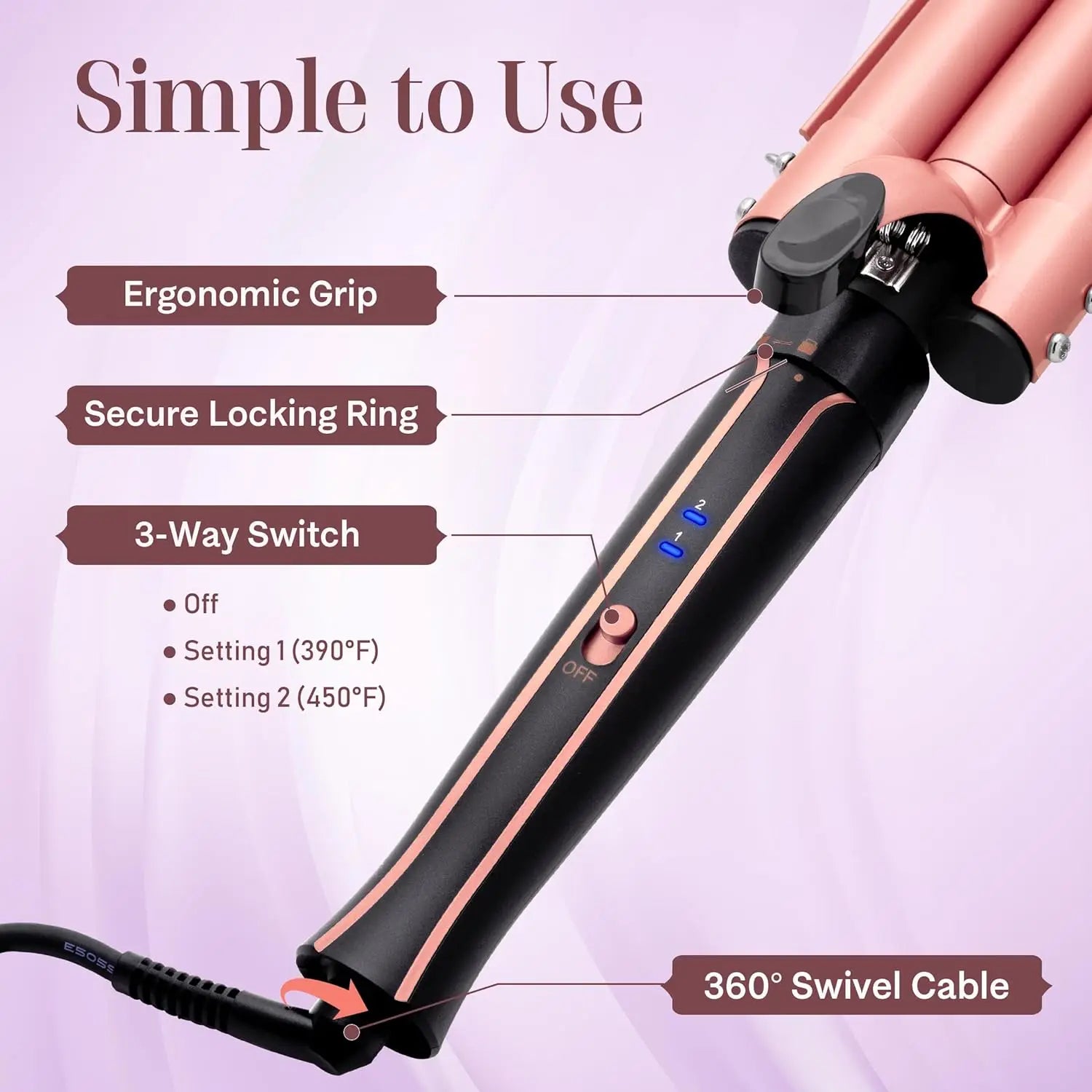 Rose-gold and black curling iron with ergonomic grip, 3-way switch, and 360 swivel cable