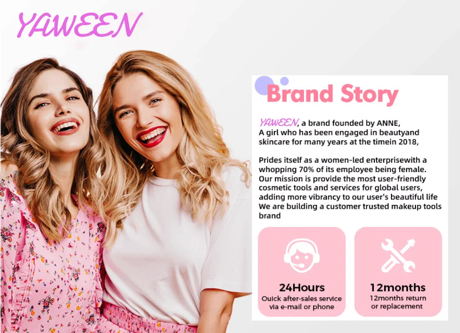 Hair dryer brand story card with YAWEEN text, two smiling women, and service icons