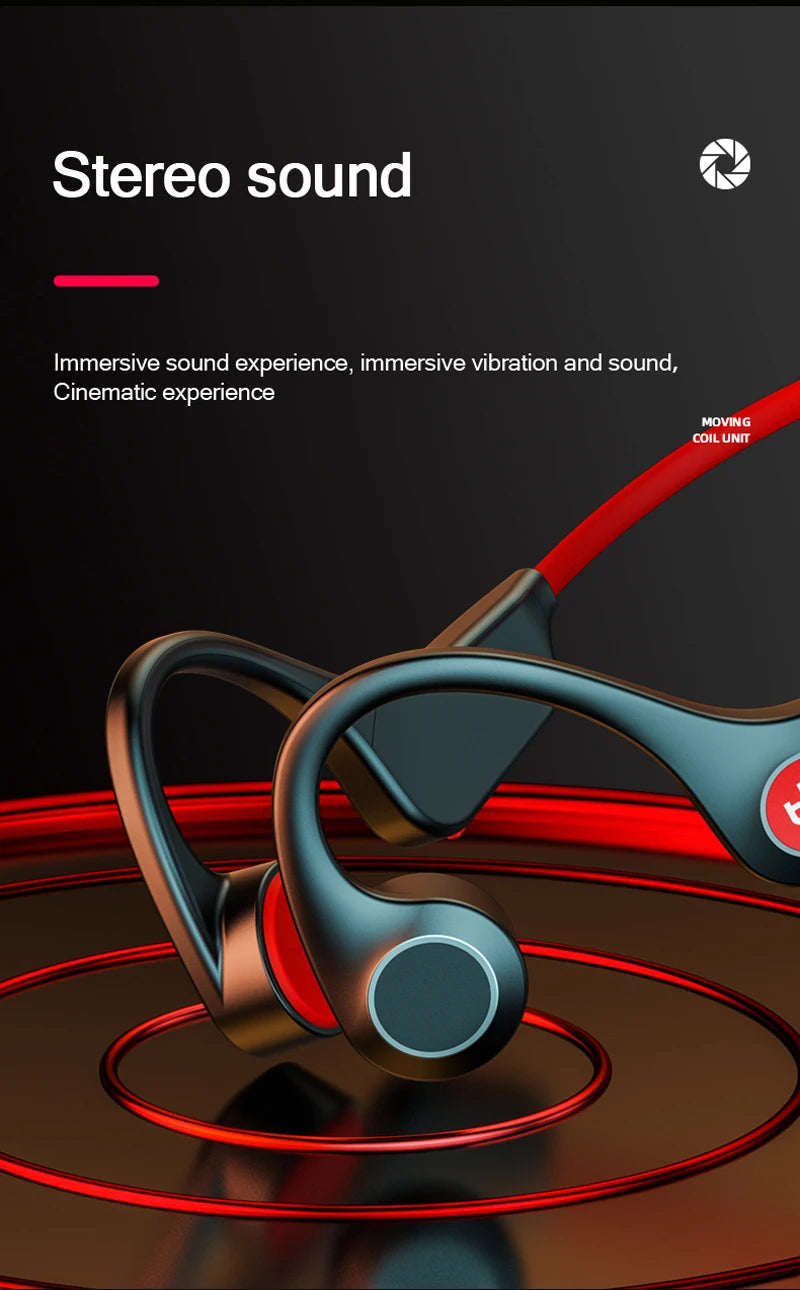 Bone conduction wireless headphones with red ear tips and blue headband