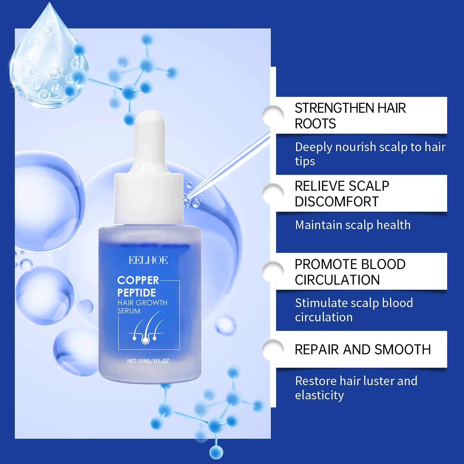 Hair serum bottle with blue label and bubbles, with listed root and scalp benefits