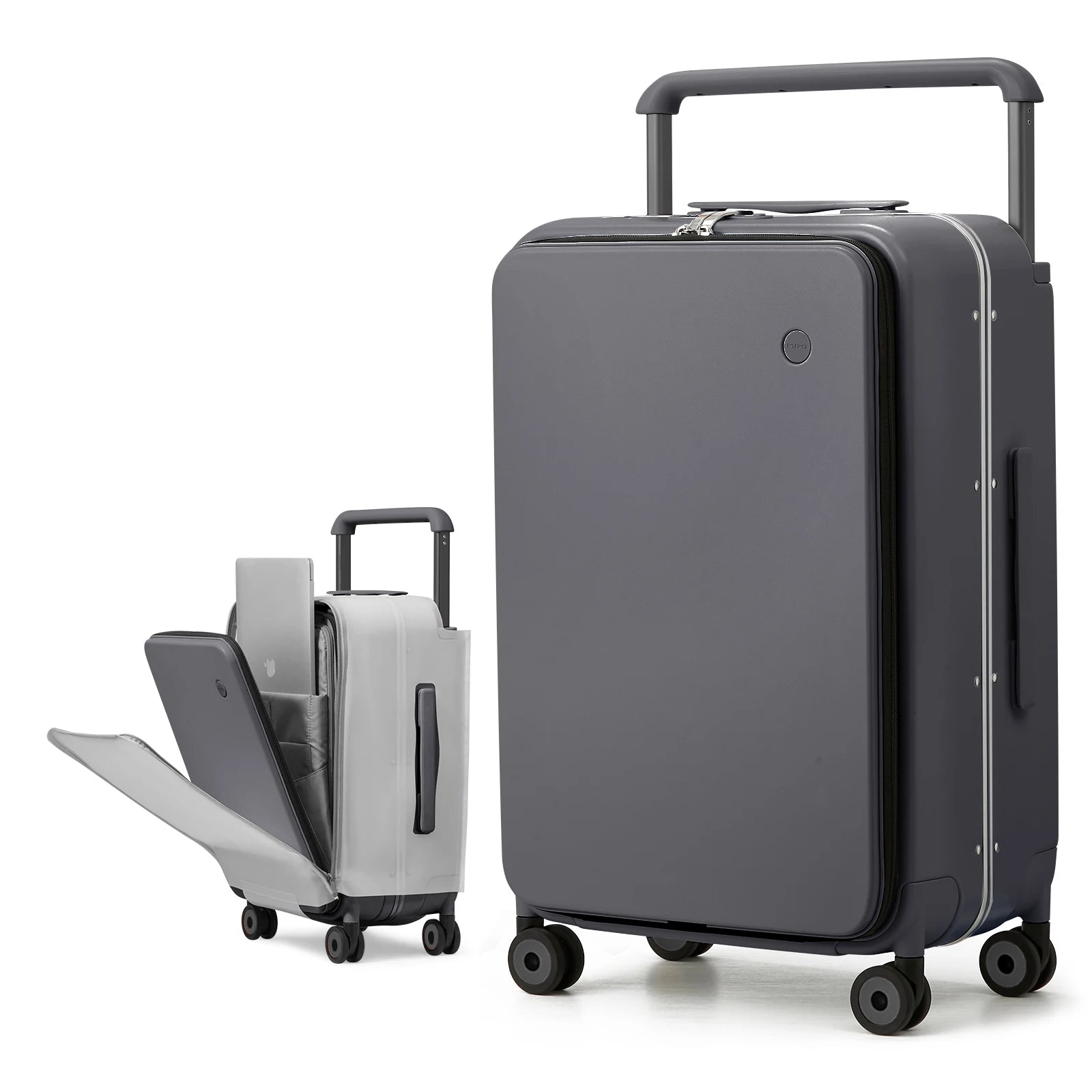 Dark gray carry-on suitcase with telescoping handle, wheels, and open laptop flap