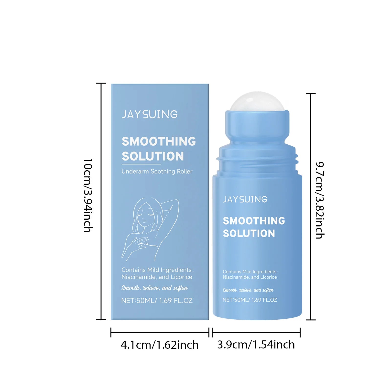 Underarm soothing roller set with blue bottle and matching product box