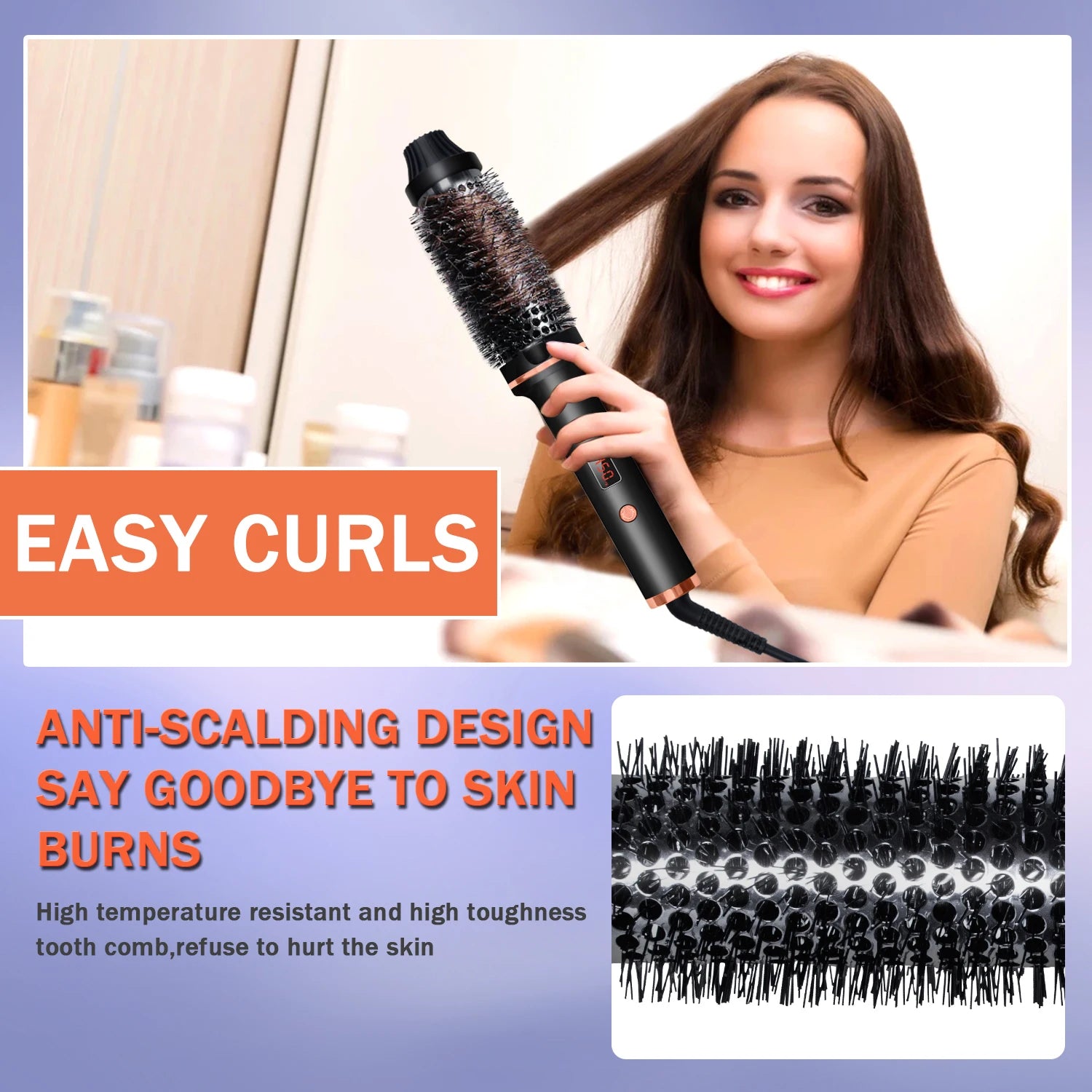 Hair Curling Brush - Ceramic Ionic Hot Brush with Anti-Scald Technology & Fast Heating