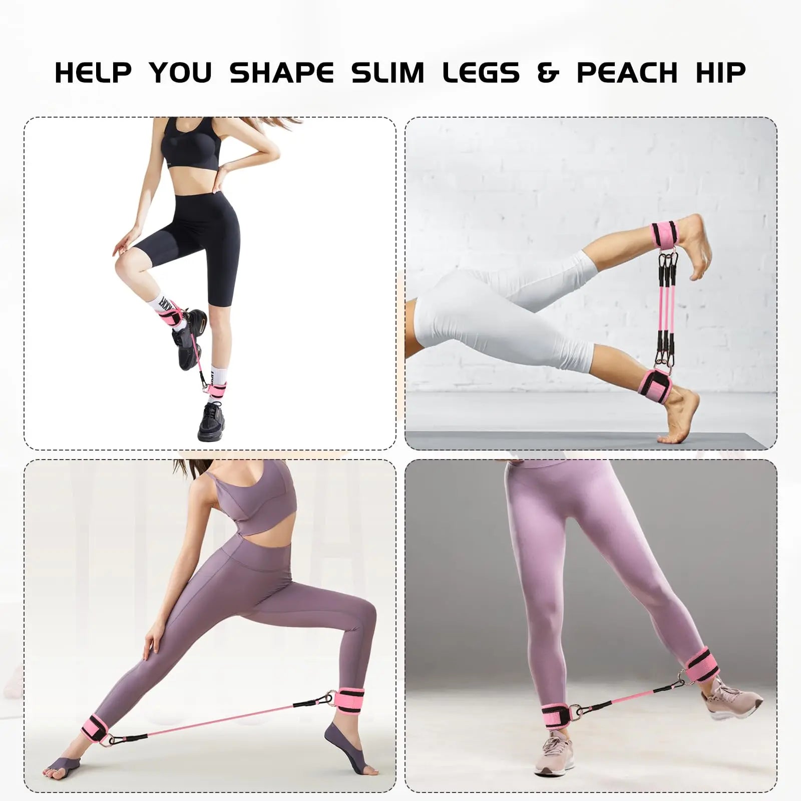 Resistance band set shown in multiple hip and leg exercise positions with pink band