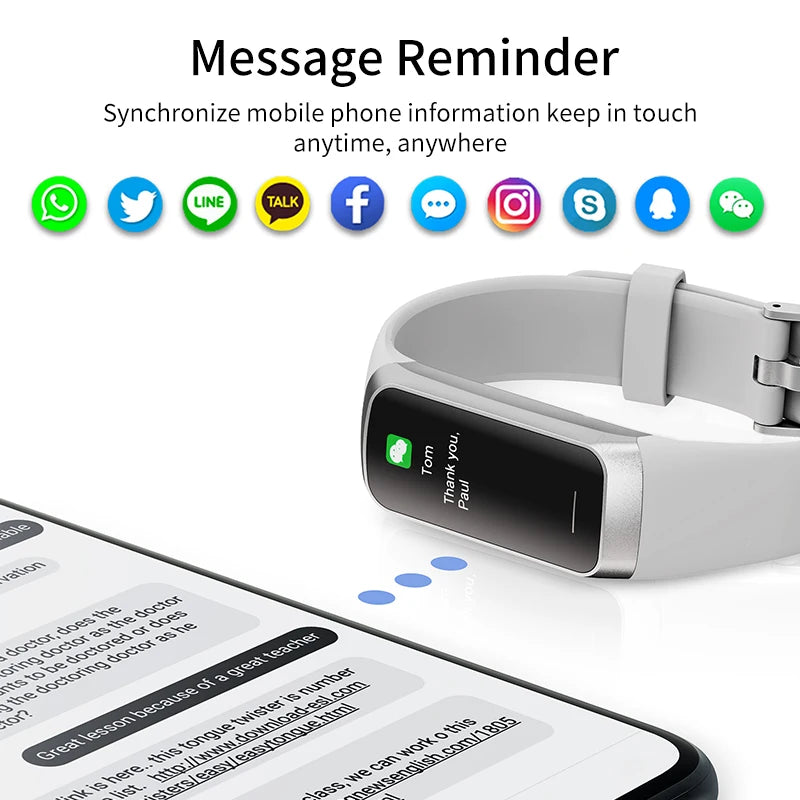 Smart fitness bracelet with black screen and light gray silicone strap