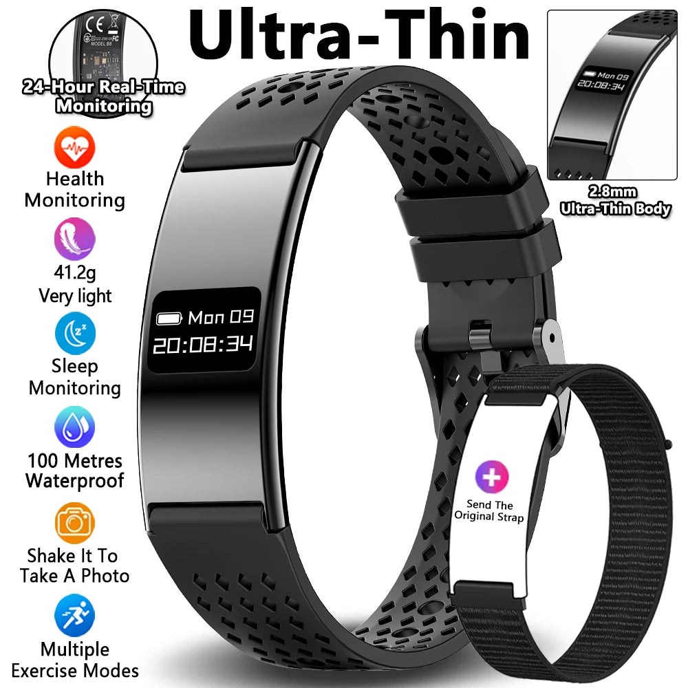 Smart fitness tracker bracelet with black perforated band and slim display bezel